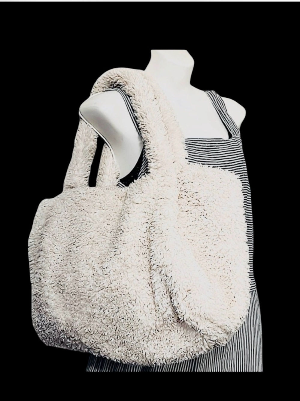 a new day Off White Faux Fur Teddy Sherpa Two Handle Tote Bag Carry On Purse